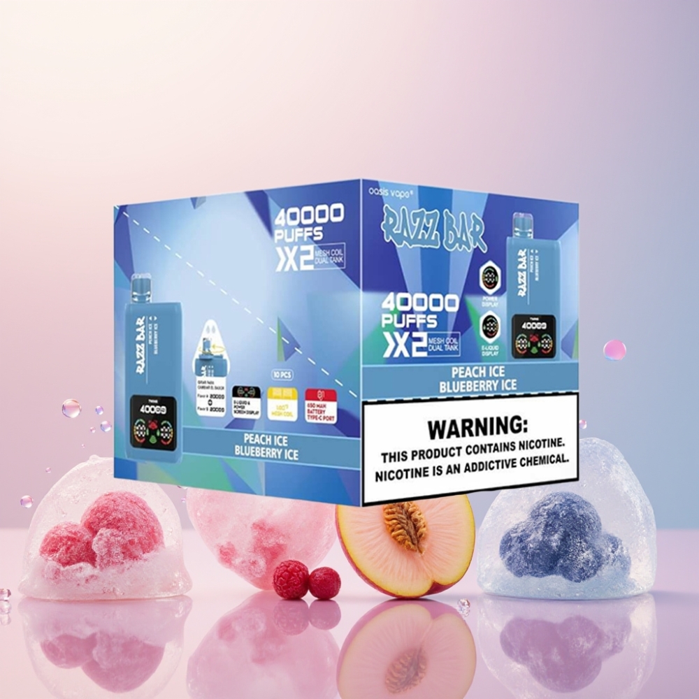 Razz Bar 40000 Puffs Fersken Is & Blåbær Is Skærmdisplay 1.0Ω 2 Mesh Coil 650 Mah Type-C 2%/5% Nicotin Engros Danmark