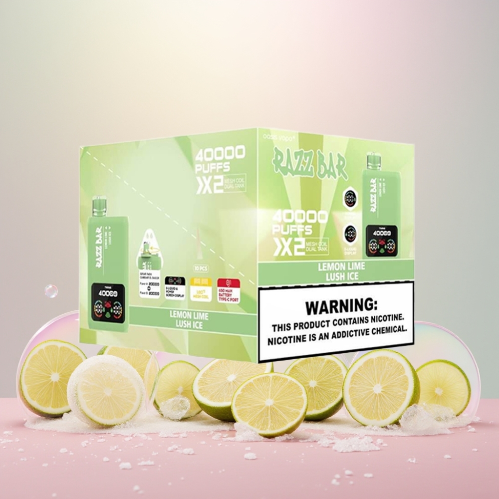 Razz Bar 40000 Puffs Skærmdisplay 1.0Ω 2 Mesh Coil 650 Mah Type-C 2%/5% Nikotin Citron Lime & Lush Is Engros Danmark