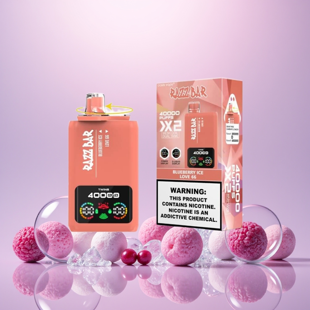 Razz Bar 40000 Pust Skærmdisplay 1.0Ω 2 Mesh Coil 650 Mah Type-C Port Blåbær Is & Kærlighed 66 2%,5% Nikotinindhold Engros Danmark