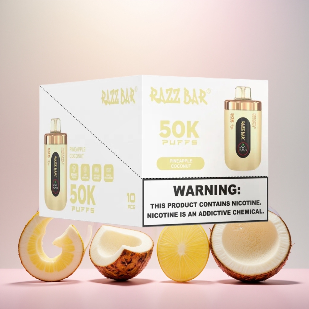 Razz Bar 50K Puffs Ananas Kokos 1.0 Ohm Mesh 650 Mah Type-C 2% Nic Engros Danmark