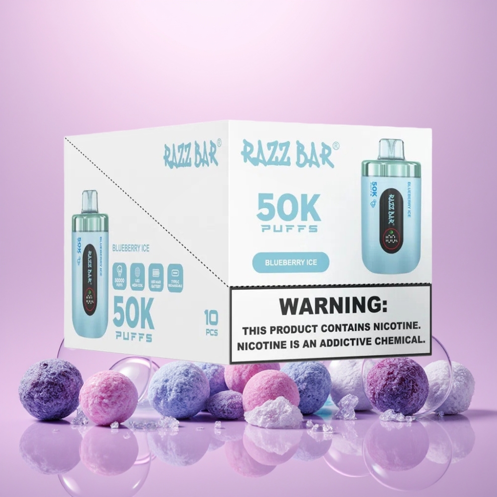 Razz Bar 50K Puffs Engangs Vape Blåbær Is 1.0 Ohm Mesh Coil 650 Mah Type-C 2% Nicotin Engros Danmark
