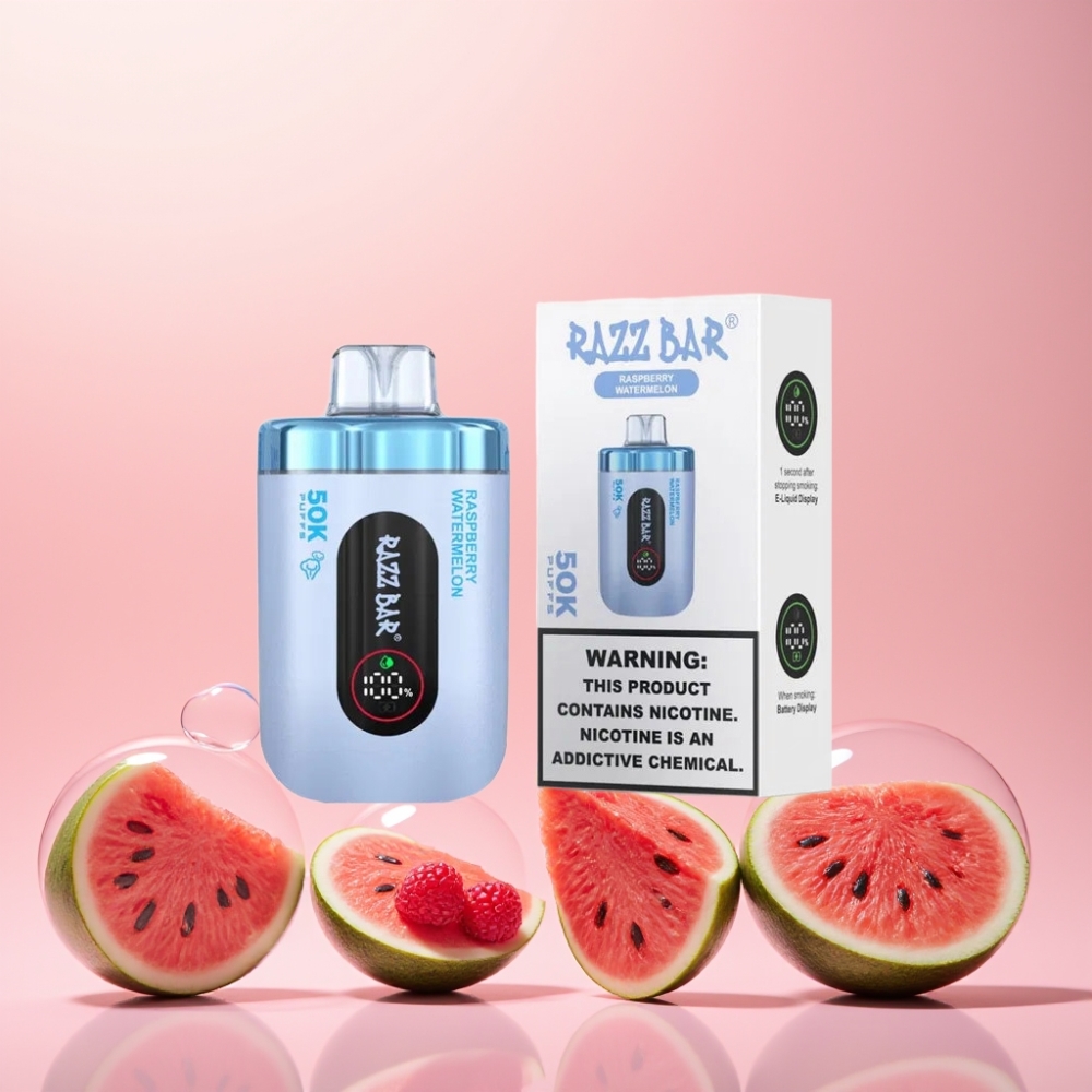 Razz Bar 50K Puffs Engangs Vape Hindbær Vandmelon 1.0 Ohm Mesh Coil 650 Mah Type-C Genopladelig 2% Nikotin Engros Danmark