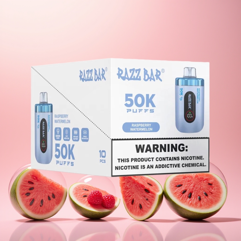 Razz Bar 50K Puffs Engangs Vape Hindbær Vandmelon 1.0 Ohm Mesh Coil 650 Mah Type-C Genopladelig 2% Nikotin Engros Danmark