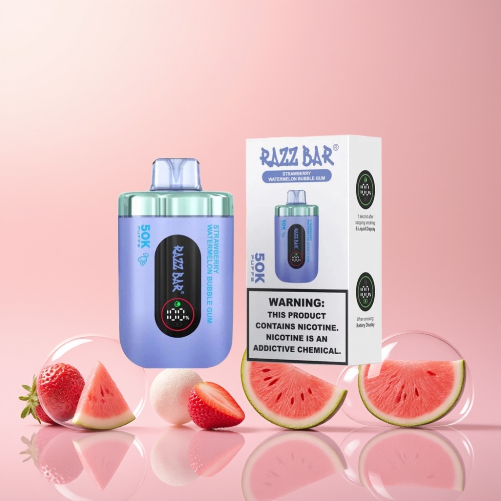 Razz Bar 50K Puffs Engangs Vape Jordbær Vandmelon Bubble Gum 1.0 Ohm Mesh Coil 650 Mah Type-C Genopladelig 2% Nikotin Engros Danmark