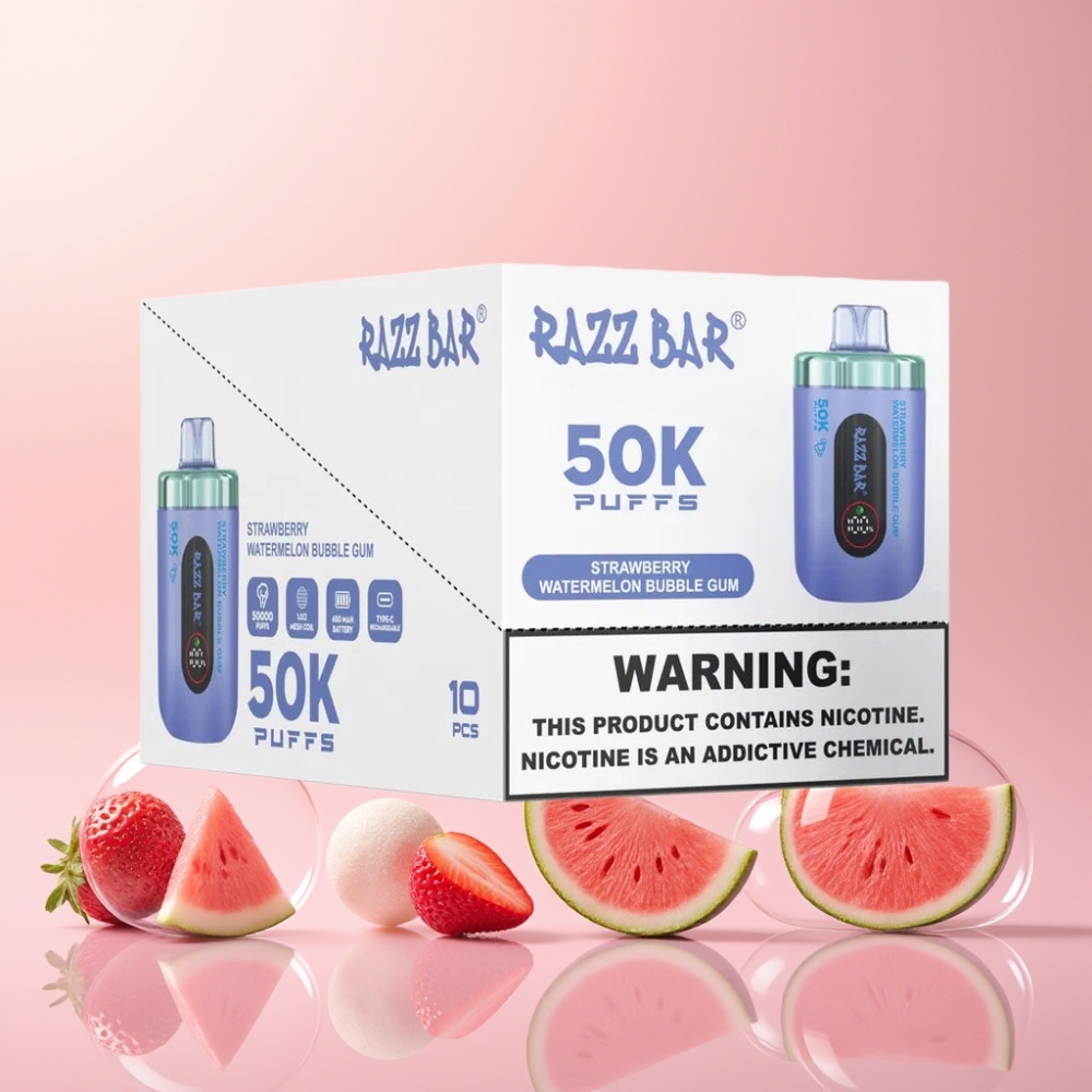 Razz Bar 50K Puffs Engangs Vape Jordbær Vandmelon Bubble Gum 1.0 Ohm Mesh Coil 650 Mah Type-C Genopladelig 2% Nikotin Engros Danmark
