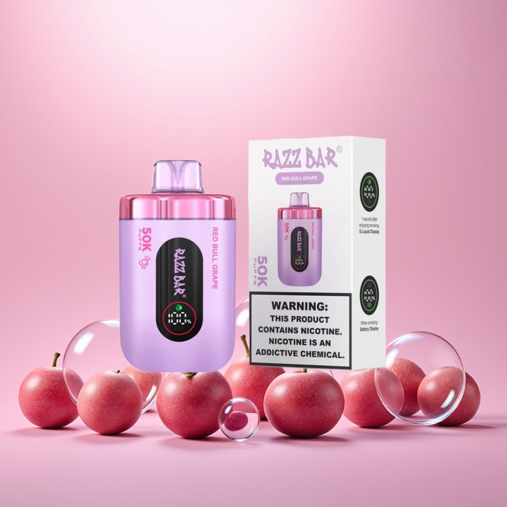 Razz Bar 50K Puffs Engangs Vape Rød Tyr Drue 1.0 Ohm Mesh Coil 650 Mah Type-C 2% Nicotin Engros Danmark