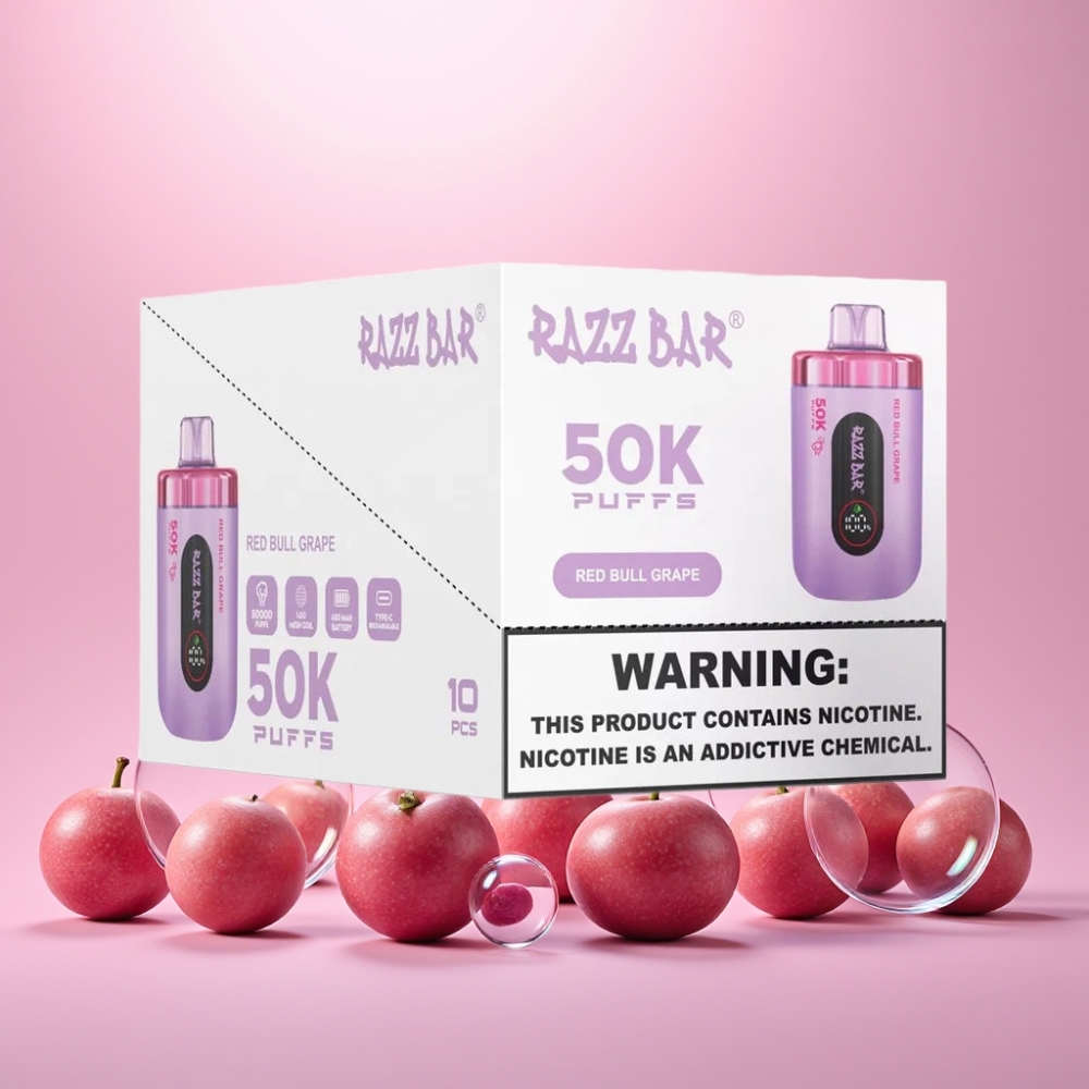 Razz Bar 50K Puffs Engangs Vape Rød Tyr Drue 1.0 Ohm Mesh Coil 650 Mah Type-C 2% Nicotin Engros Danmark