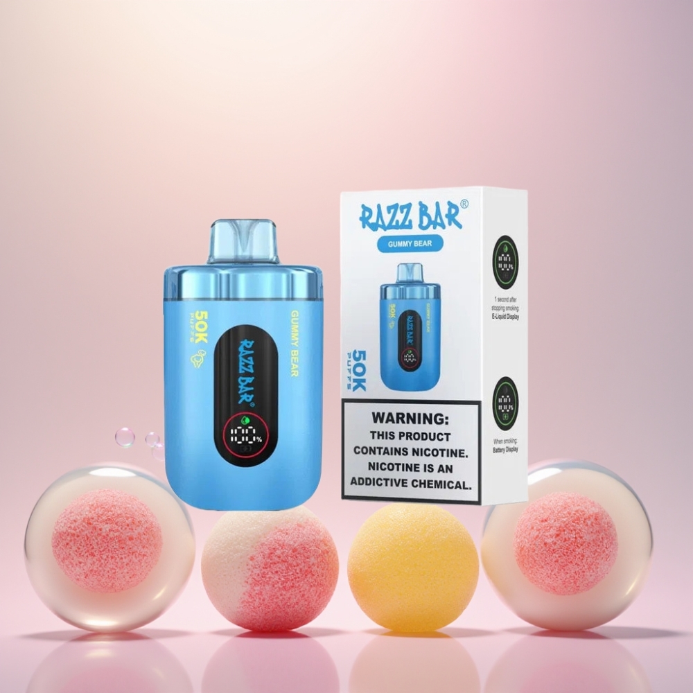 Razz Bar 50K Puffs Gummy Bjørn 1.0 Ohm Mesh 650 Mah Type-C 2% Nic Engros Danmark