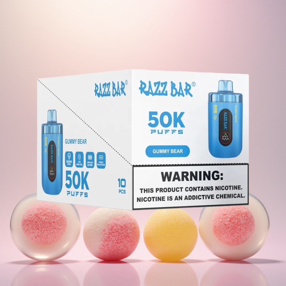 Razz Bar 50K Puffs Gummy Bjørn 1.0 Ohm Mesh 650 Mah Type-C 2% Nic Engros Danmark