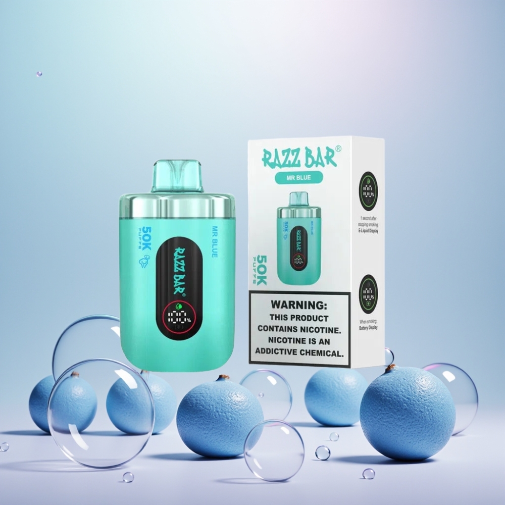 Razz Bar 50K Puffs Mr Blå 1.0 Ohm Mesh 650 Mah Type-C 2% Nic Engros Danmark