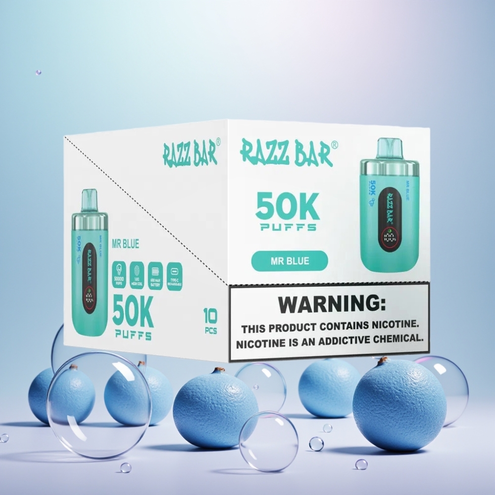 Razz Bar 50K Puffs Mr Blå 1.0 Ohm Mesh 650 Mah Type-C 2% Nic Engros Danmark