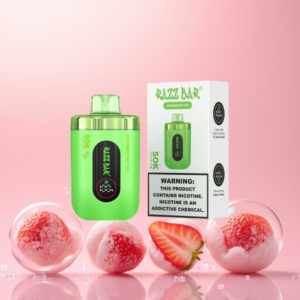 Razz Bar 50K Pust Engangs Vape Jordbær Is 1.0 Ohm Mesh Coil 650 Mah 2% Nikotin Type-C Engros Danmark