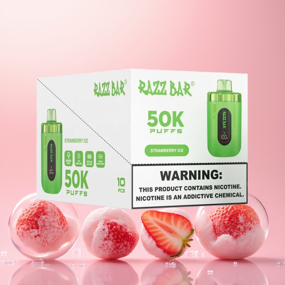 Razz Bar 50K Pust Engangs Vape Jordbær Is 1.0 Ohm Mesh Coil 650 Mah 2% Nikotin Type-C Engros Danmark