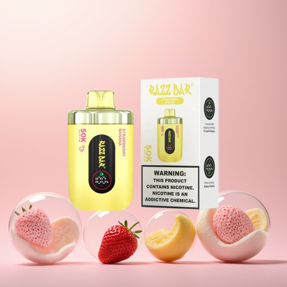 Razz Bar 50K Pust Genanvendelig Vape Jordbær Banan 1.0 Ohm Mesh Coil 650 Mah Batteri Type-C Genopladelig 2% Nikotinindhold Engros Danmark