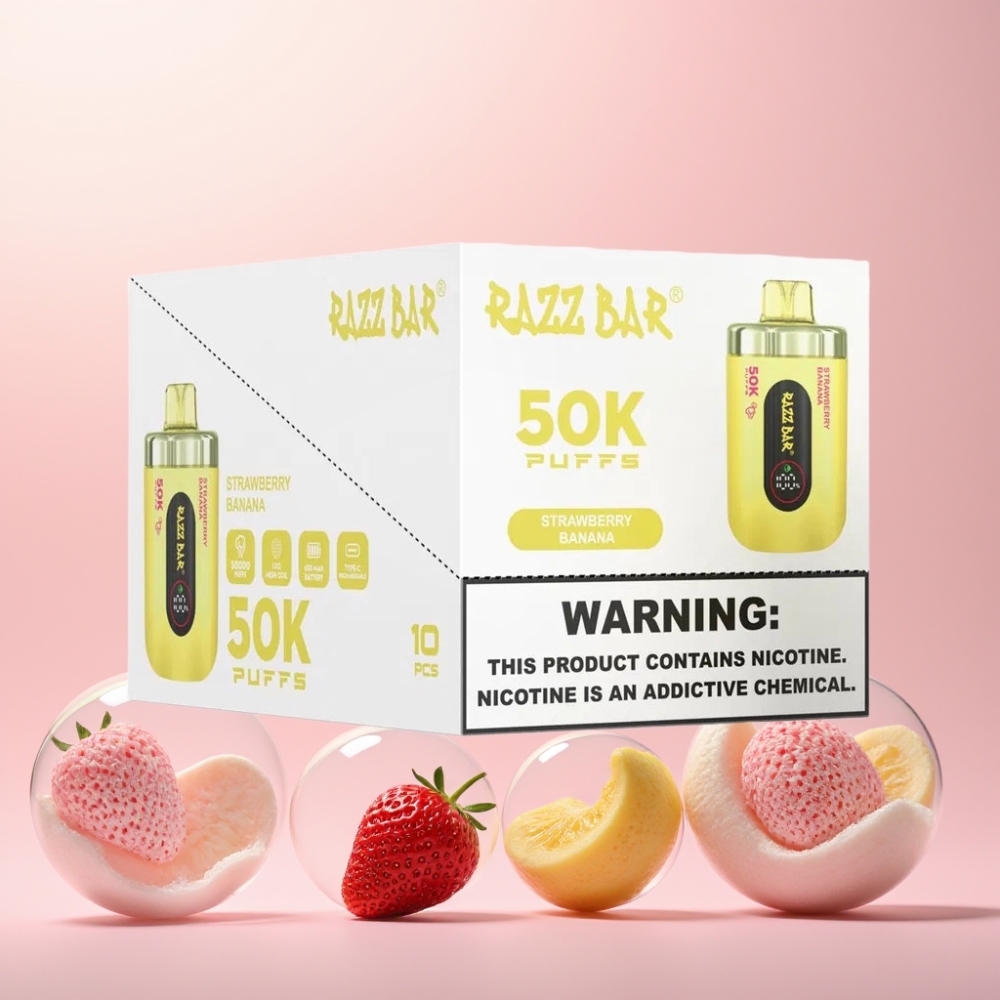 Razz Bar 50K Pust Genanvendelig Vape Jordbær Banan 1.0 Ohm Mesh Coil 650 Mah Batteri Type-C Genopladelig 2% Nikotinindhold Engros Danmark