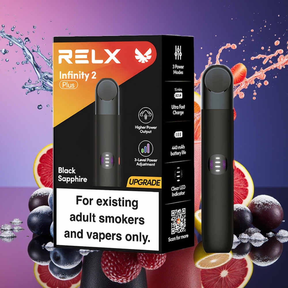 RELX Infinity 2 Plus 600 puffs 3 tilpasningsmodi 6.5W-10W 440mAh Type-C 1.9ml Sort Safir Engros Danmark