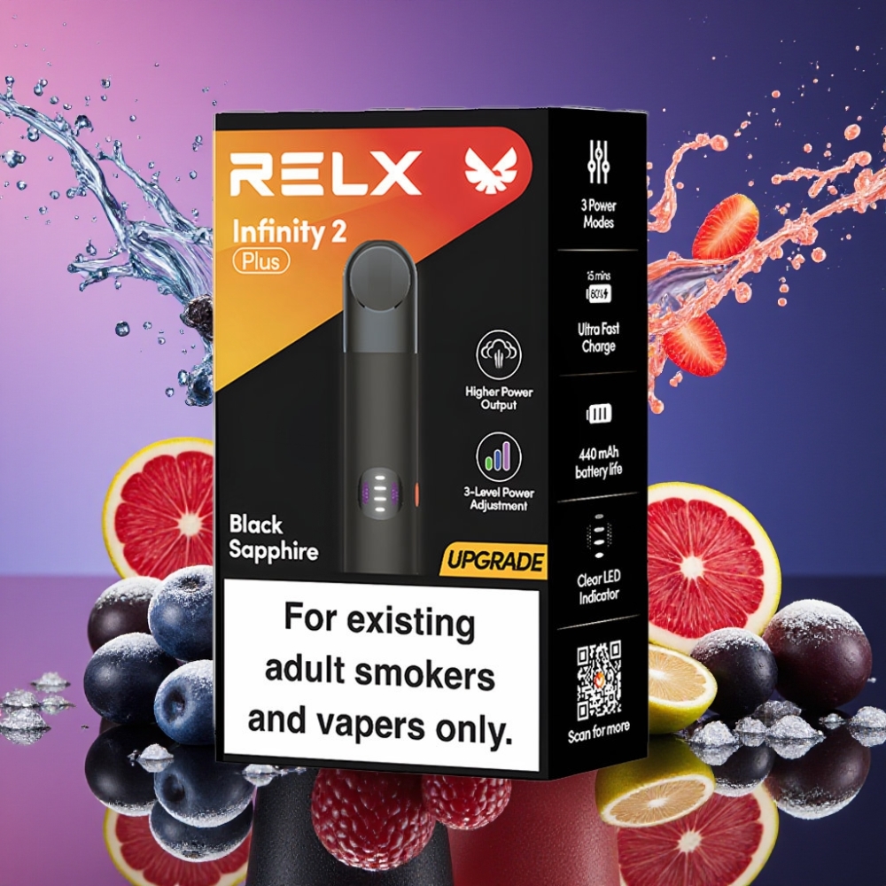 RELX Infinity 2 Plus 600 puffs 3 tilpasningsmodi 6.5W-10W 440mAh Type-C 1.9ml Sort Safir Engros Danmark