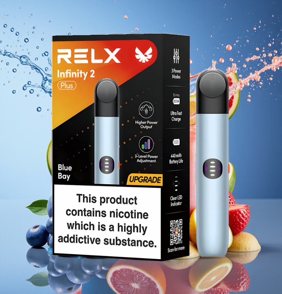 RELX Infinity 2 Plus Enhed Blå Bugt 3 Tilstande 10W 440mAh 1.9ml 600 Pust Engros Danmark