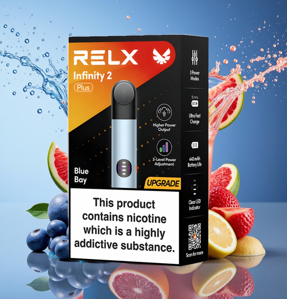 RELX Infinity 2 Plus Enhed Blå Bugt 3 Tilstande 10W 440mAh 1.9ml 600 Pust Engros Danmark