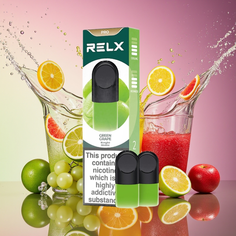 RELX Pod Pro 2 Grøn Drue 1,8% Nikotin 1,9 ml Komfort Temperatur Optimerede Modstand Følsom Aktivering Støjsvag Rig Damp Engros Danmark