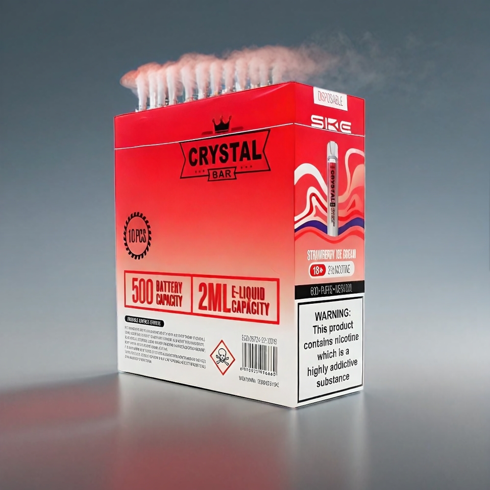 SKE Crystal BAR 600 Vape Jordbær Iscreme 0%/2% Nicotin 500mAh 600 Puffs 2.0ml 3.6V Engros Danmark