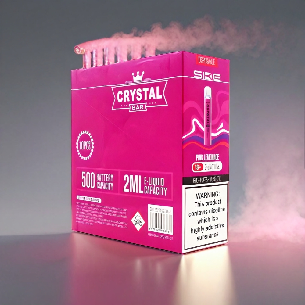 SKE Crystal BAR 600 Vape Pink Lemonade 2% 500mAh 600 Puffs Stainless Steel+PCTG 2.0ml Mesh Coil Engros Danmark