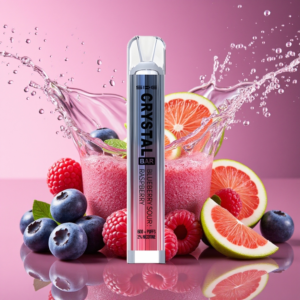 SKE Crystal Bar 600 Engangs Vape Blåbær Sur Hindbær 0%/2% Nicotin 500mAh 2.0ml 1.29 Ohm Mesh Coil Engros Danmark