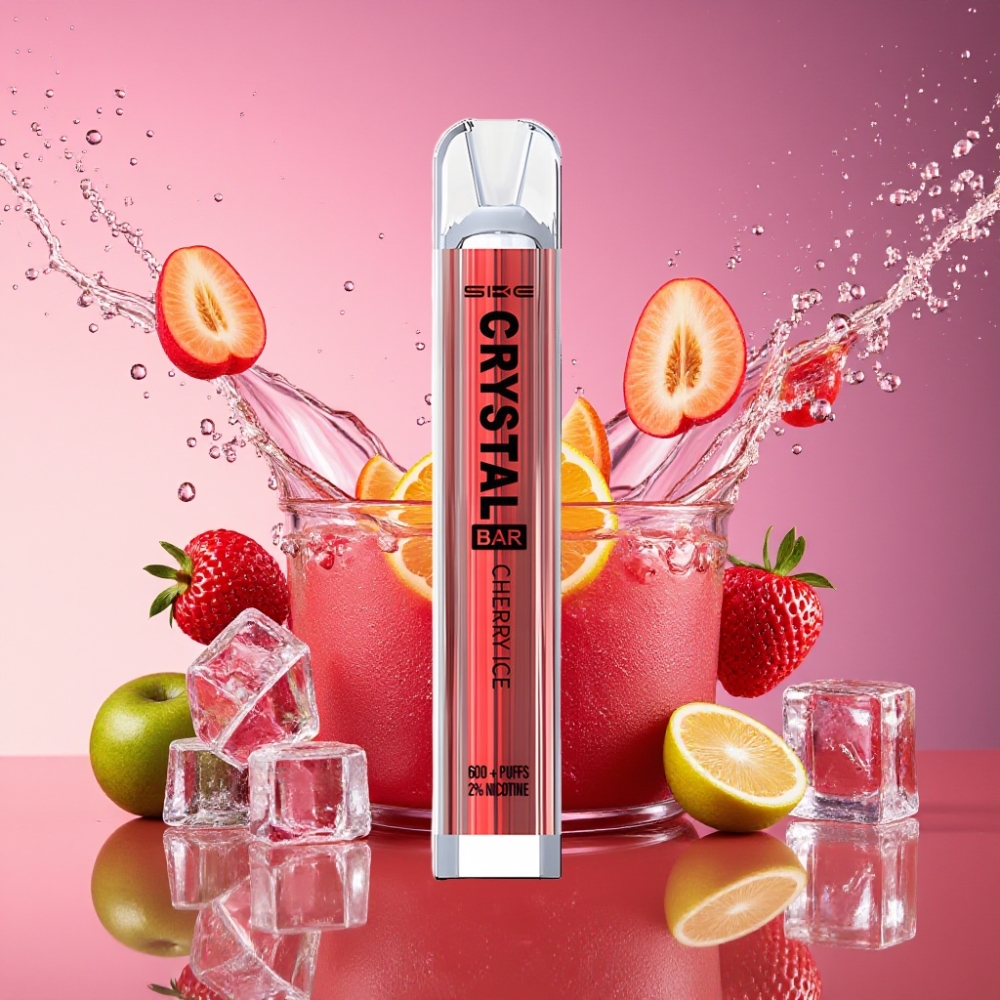 SKE Crystal Bar 600 Engangs Vape Kirsebær Is 0%/2% Nikotin 500mAh 600 Pust 2.0ml 1.29 Ohm Mesh Coil Engros Danmark