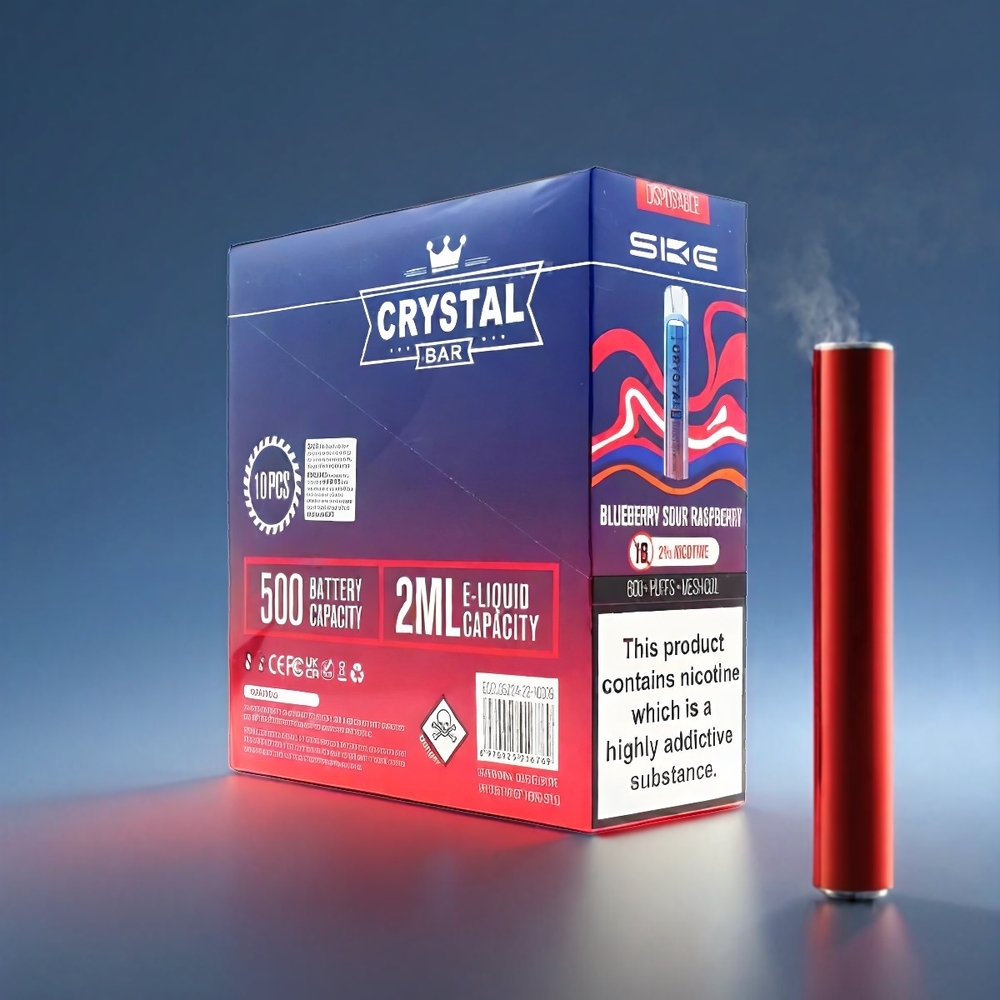 SKE Crystal Bar 600 Vape Blå Sur Hindbær 0%/2% 500mAh 600 Puffs 2.0ml Engros Danmark
