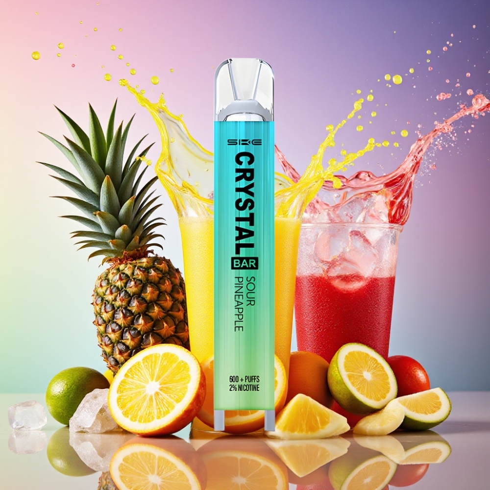 SKE Crystal Bar 600 engangsdamper Sur Ananas Is (0%/2% Nikotin, 500mAh, 600 puff, 17 17 104mm, Rustfri stål+PCTG, 2.0ml, 1.29 Ohm, 3.6V, Mesh Coil) Engros Danmark