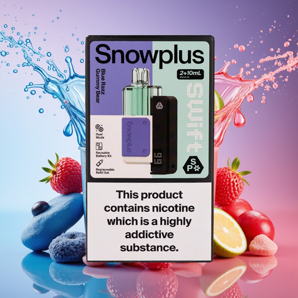 Snowplus Swift 5000 Puffs Blå Hindbær Gummy Bjørn 43x81x25mm 65g Dual Mesh 1000mAh 2+10ml 2% Engros Danmark