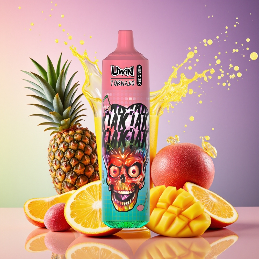 Uwin Tornado 35K Music 0%/2%/3%/5% Nikotin 600mAh 1.0 Ohm Type-C Peachy Mango Ananas Engros Danmark