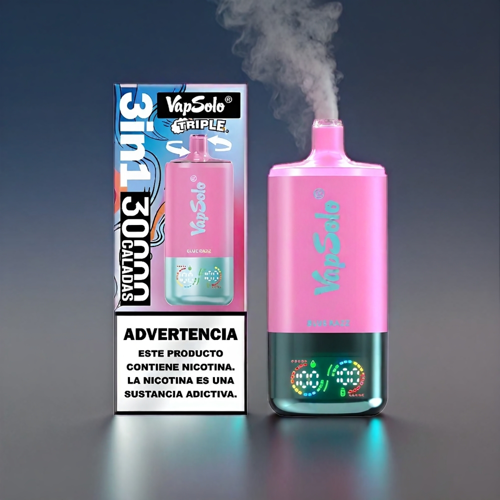 VapSolo Tripe 30000 Puffs Blue Hindbær 40ml 20mg/ml Type-C 47x47x115mm Engros Danmark