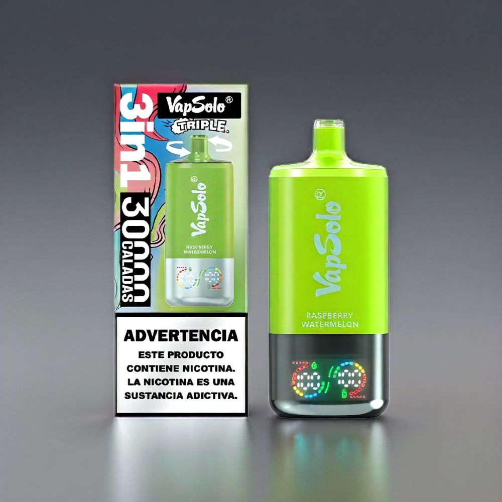 VapSolo Tripe 30000 Puffs Hindbær Vandmelon 47x47x115mm 40ml 20/50mg Type-C 3Tank Engros Danmark