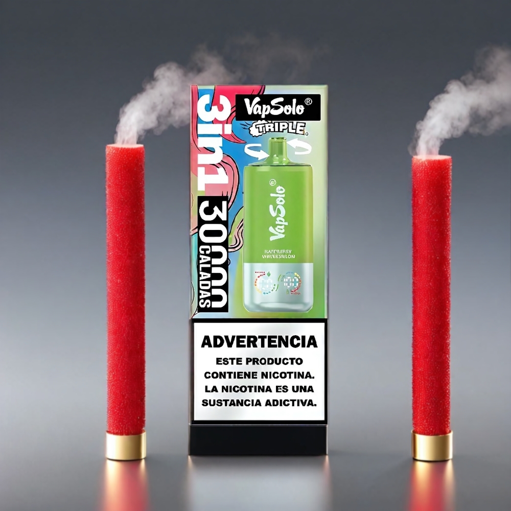 VapSolo Tripe 30000 Puffs Hindbær Vandmelon 47x47x115mm 40ml 20/50mg Type-C 3Tank Engros Danmark