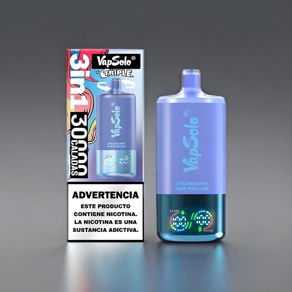 VapSolo Tripe 30000 Puffs Jordbær Vandmelon & Blåbær 40ml 20mg/ml 3-tank Type-C Engros Danmark