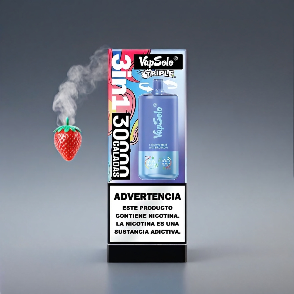 VapSolo Tripe 30000 Puffs Jordbær Vandmelon & Blåbær 40ml 20mg/ml 3-tank Type-C Engros Danmark