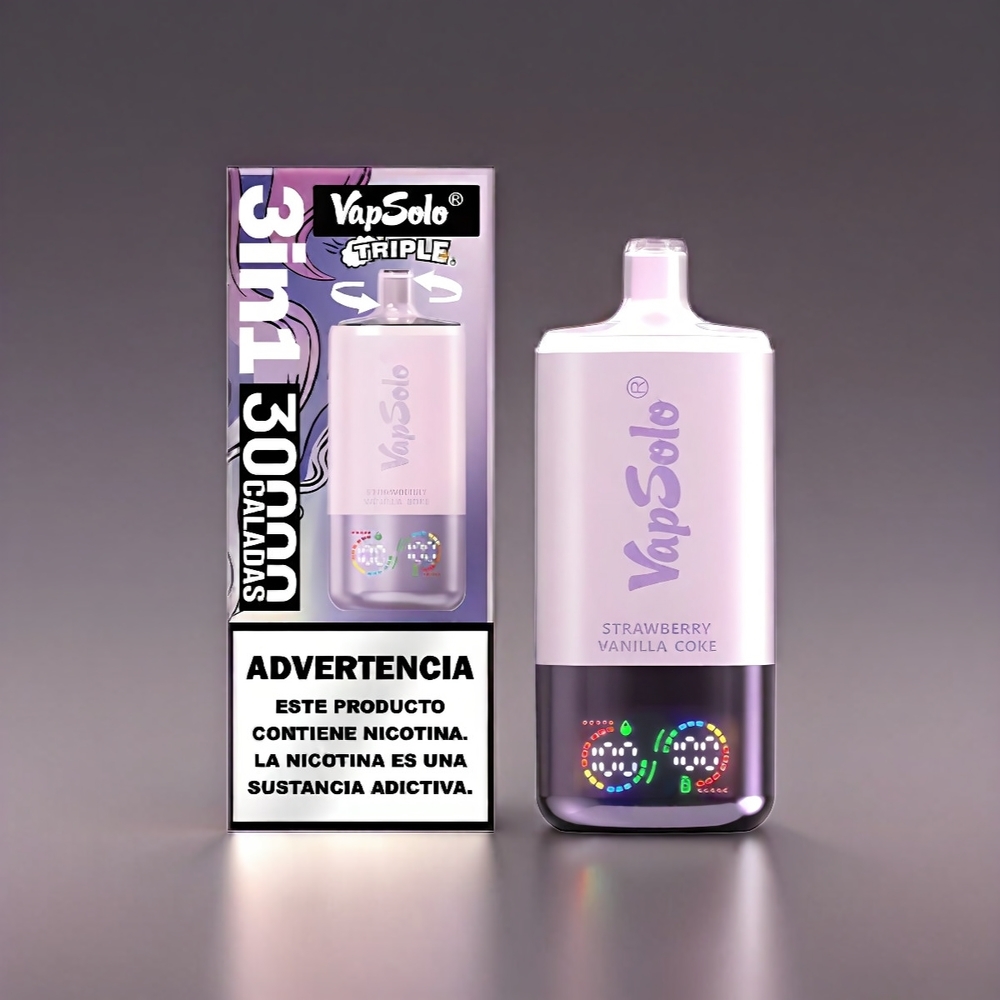 VapSolo Tripe 30000 Puffs Jordbær Vanilje Coke 40ml Type-C 20/50mg 3 Tanke Engros Danmark
