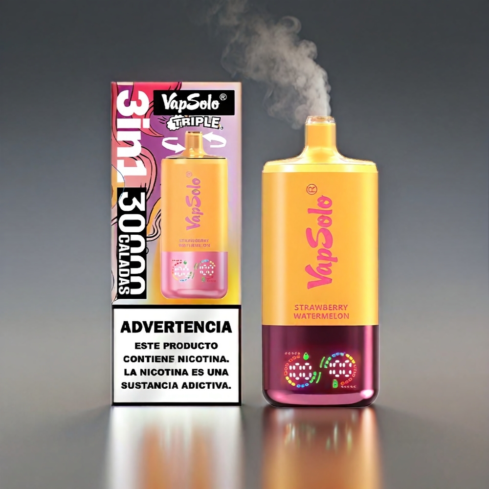VapSolo Tripe 30000 Puffs Type-C 3 Tank 40ml 20/50mg Jordbær Vandmelon & Citron Fersken Engros Danmark