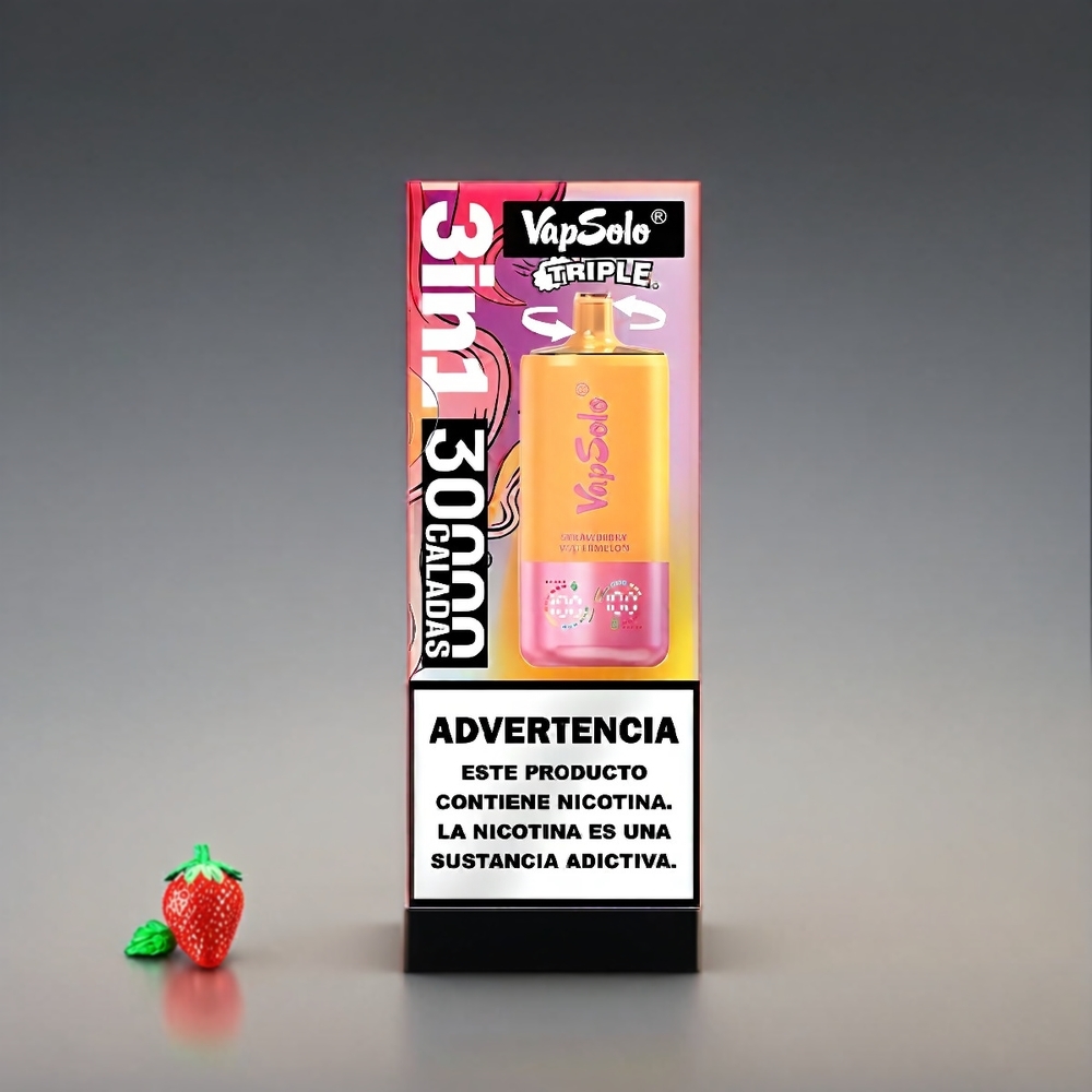 VapSolo Tripe 30000 Puffs Type-C 3 Tank 40ml 20/50mg Jordbær Vandmelon & Citron Fersken Engros Danmark