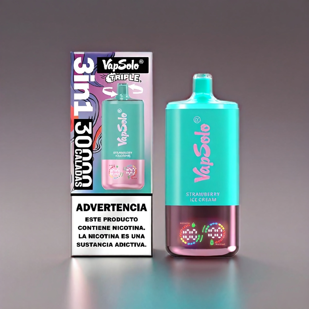 VapSolo Tripe 30000 Puffs Vape Jordbær Ice Cream | 47x47x115mm, 40ml, 3-tank, Type-C, 20/50mg - Engros Danmark