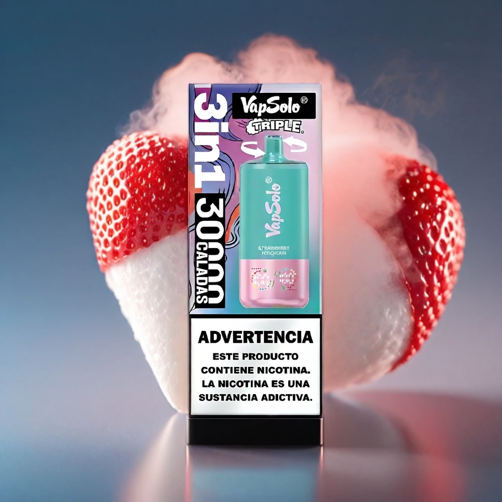 VapSolo Tripe 30000 Puffs Vape Jordbær Ice Cream | 47x47x115mm, 40ml, 3-tank, Type-C, 20/50mg - Engros Danmark