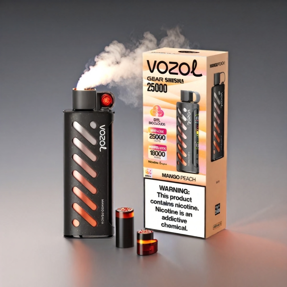 VOZOL Gear Shisha 25000 Puffs Mango Fersken S.iL.C Tech Dual Mesh 1000mAh 5mg/m Engros Danmark
