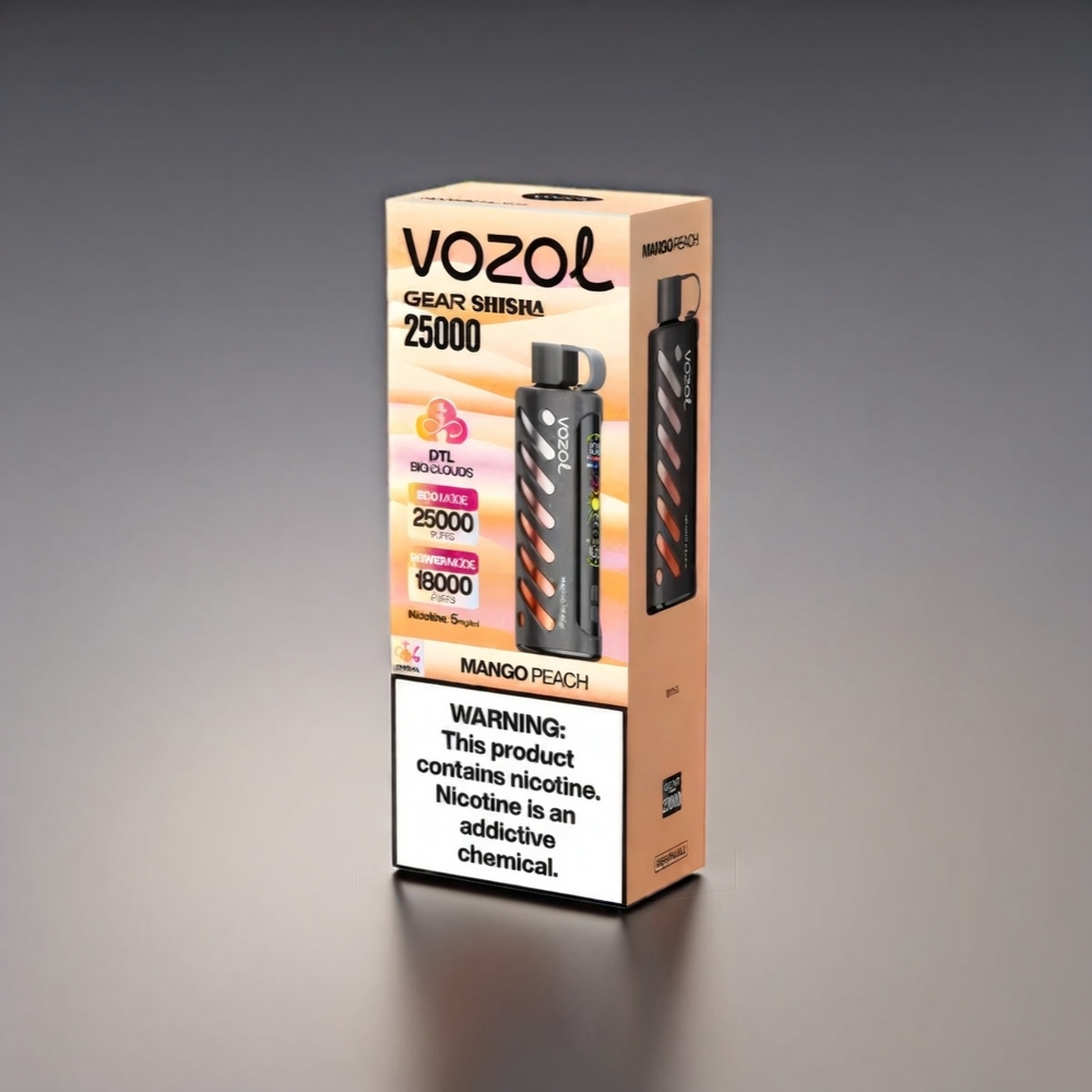 VOZOL Gear Shisha 25000 Puffs Mango Fersken S.iL.C Tech Dual Mesh 1000mAh 5mg/m Engros Danmark