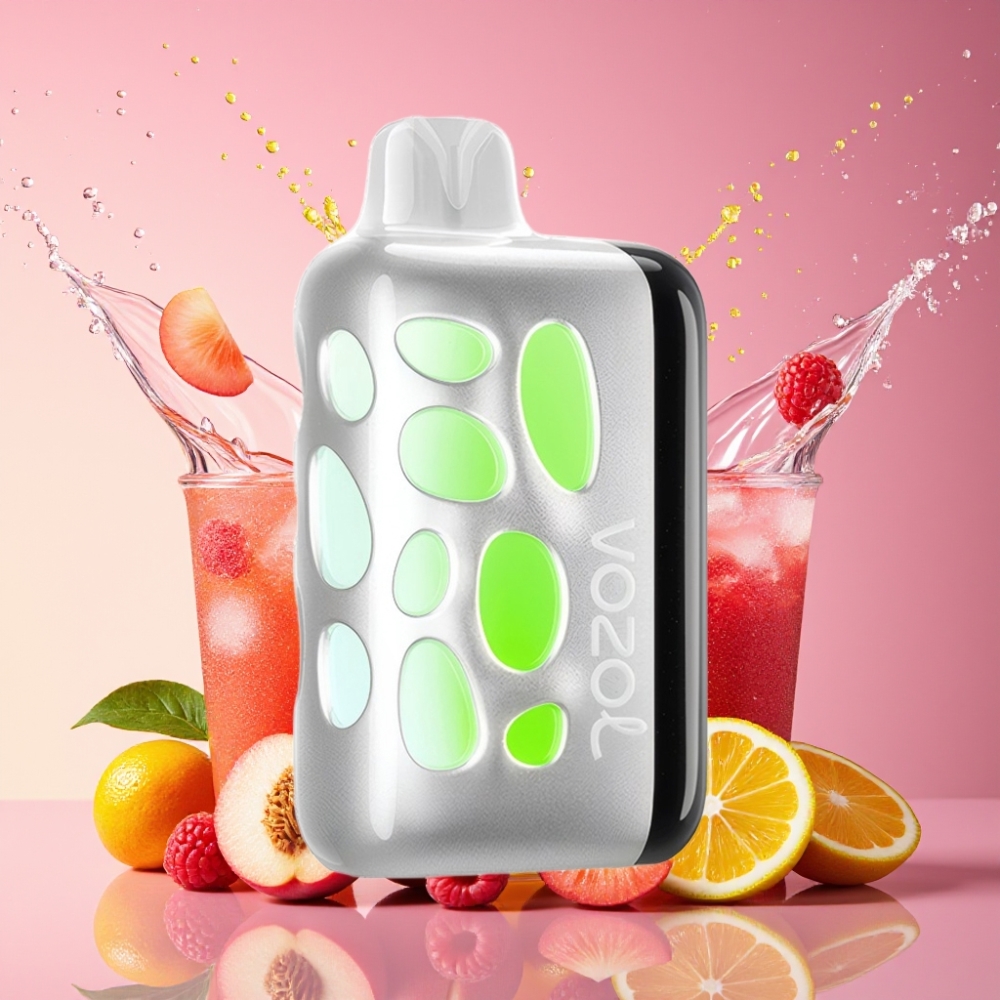 VOZOL RAVE 40000 Engangs Vape Fersken Hindbær Lemonade 270° Glow Design Beat-Synced Party Mode 80% Opladning på 20 Min 20/50mg/ml Nicotin 1000mAh Batteri Engros Danmark