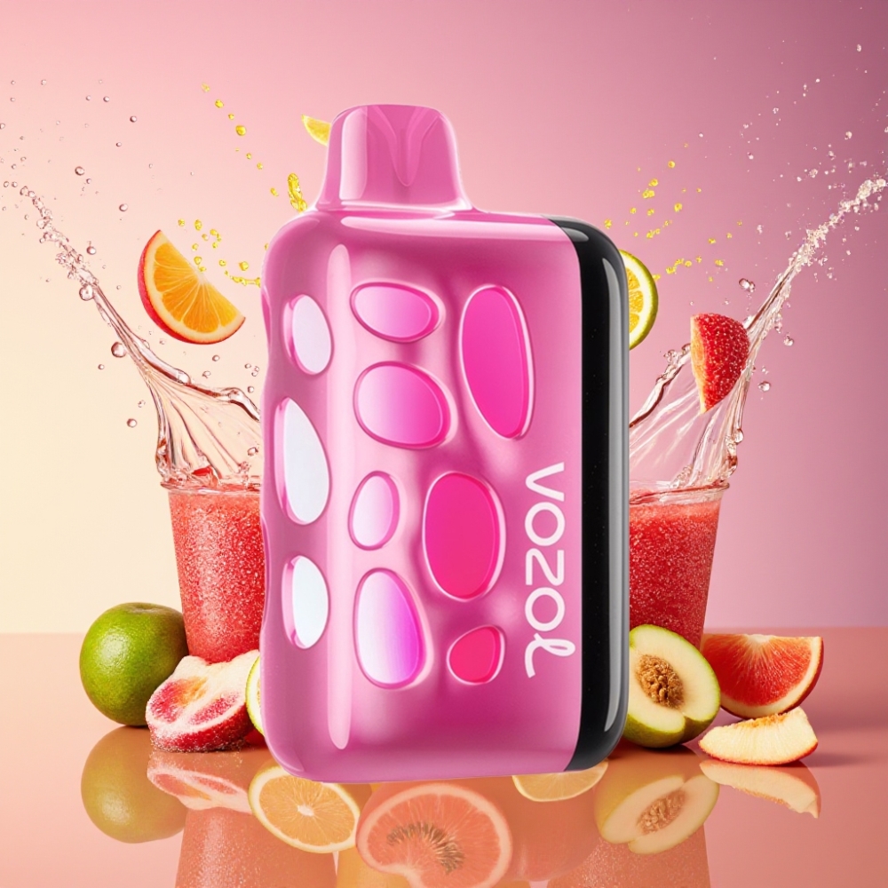 VOZOL RAVE 40000 Engangs Vape Jordbær Fersken 270° Glød Design Beat-Synced Party Mode 80% Opladning på 20 Min 20/50mg/ml Nikotin 1000mAh Batteri Engros Danmark